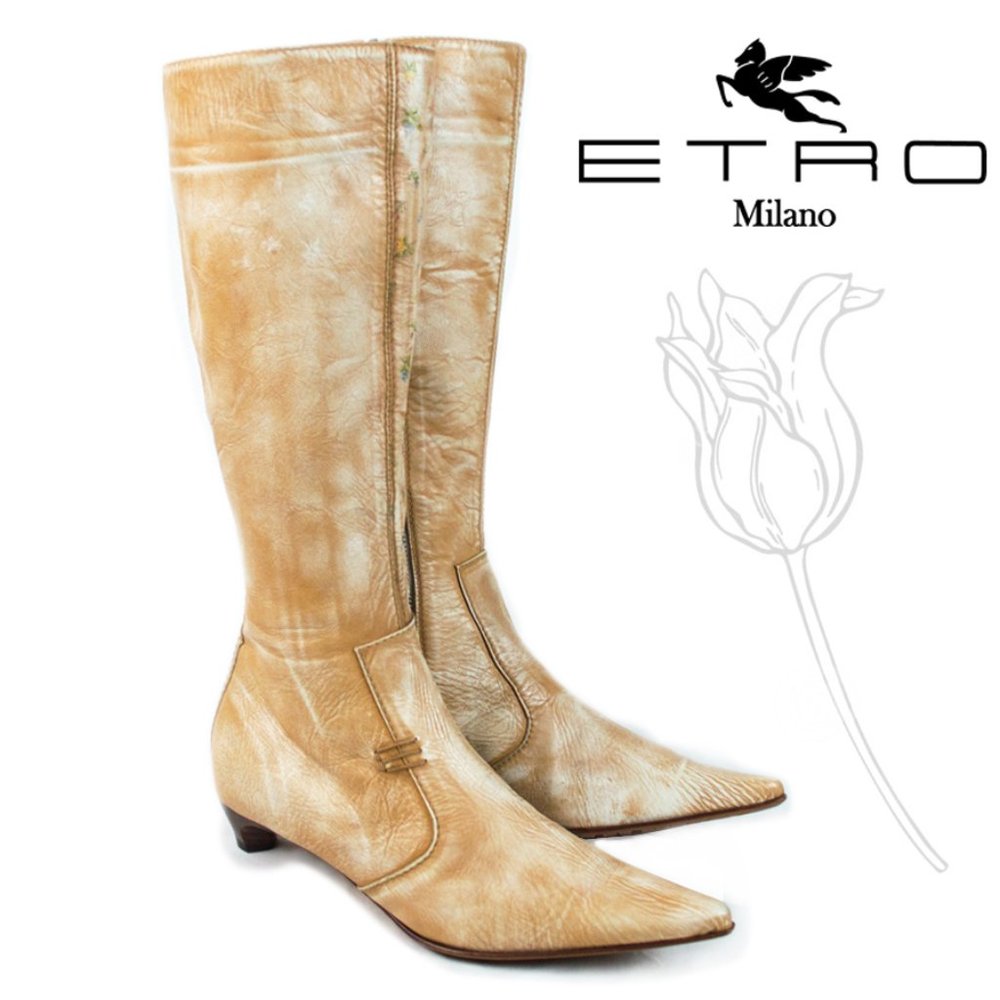 Etro Designer Tan Pineville Distressed Tall Boots